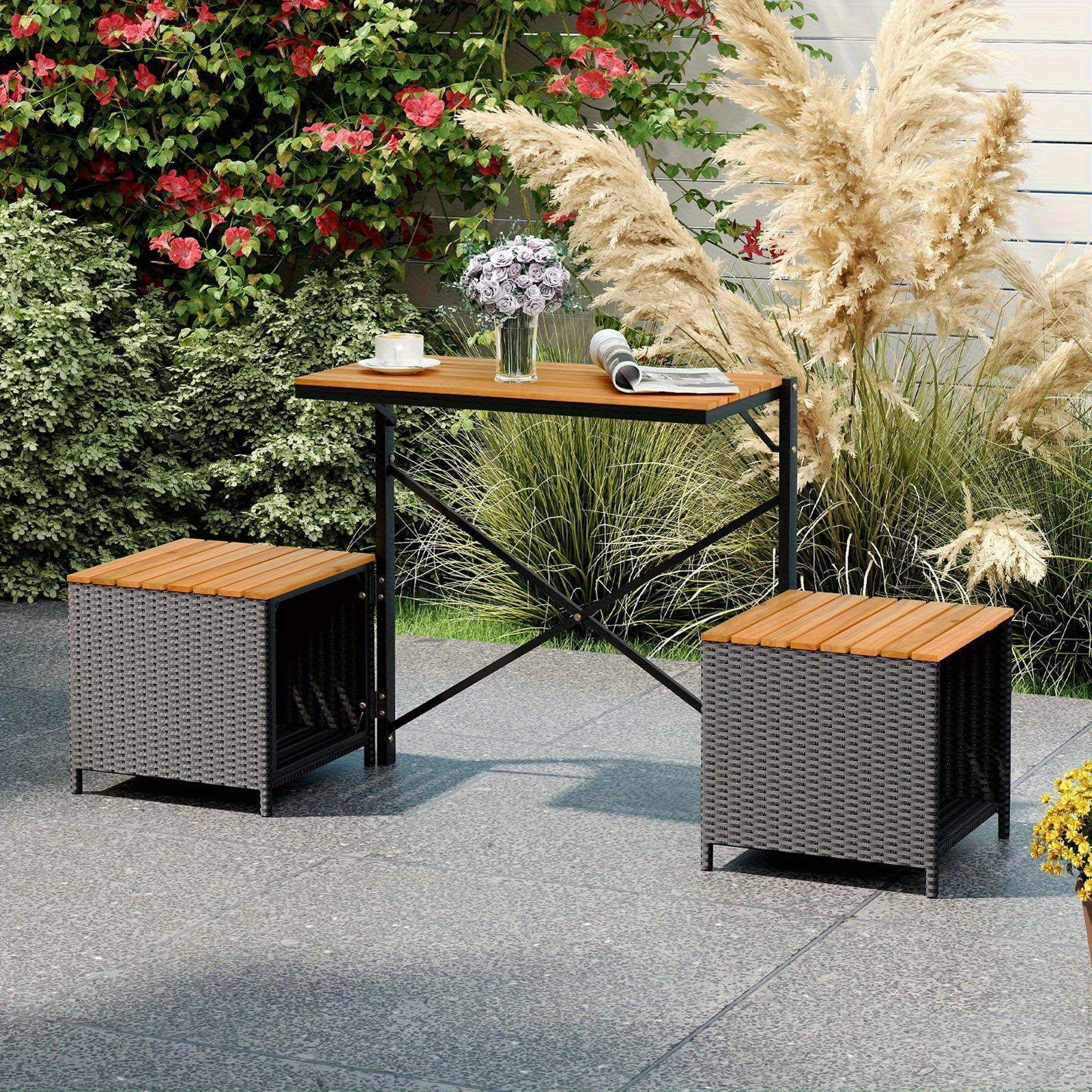 LIFEZEAL 2-in-1 Outdoor Convertible Bench, Transforming Interchangeable Picnic Table Garden Loveseat with Metal Frame, PE Rattan Acacia Wood Foldable Table and Chairs Set for Porch, Backyard & Deck