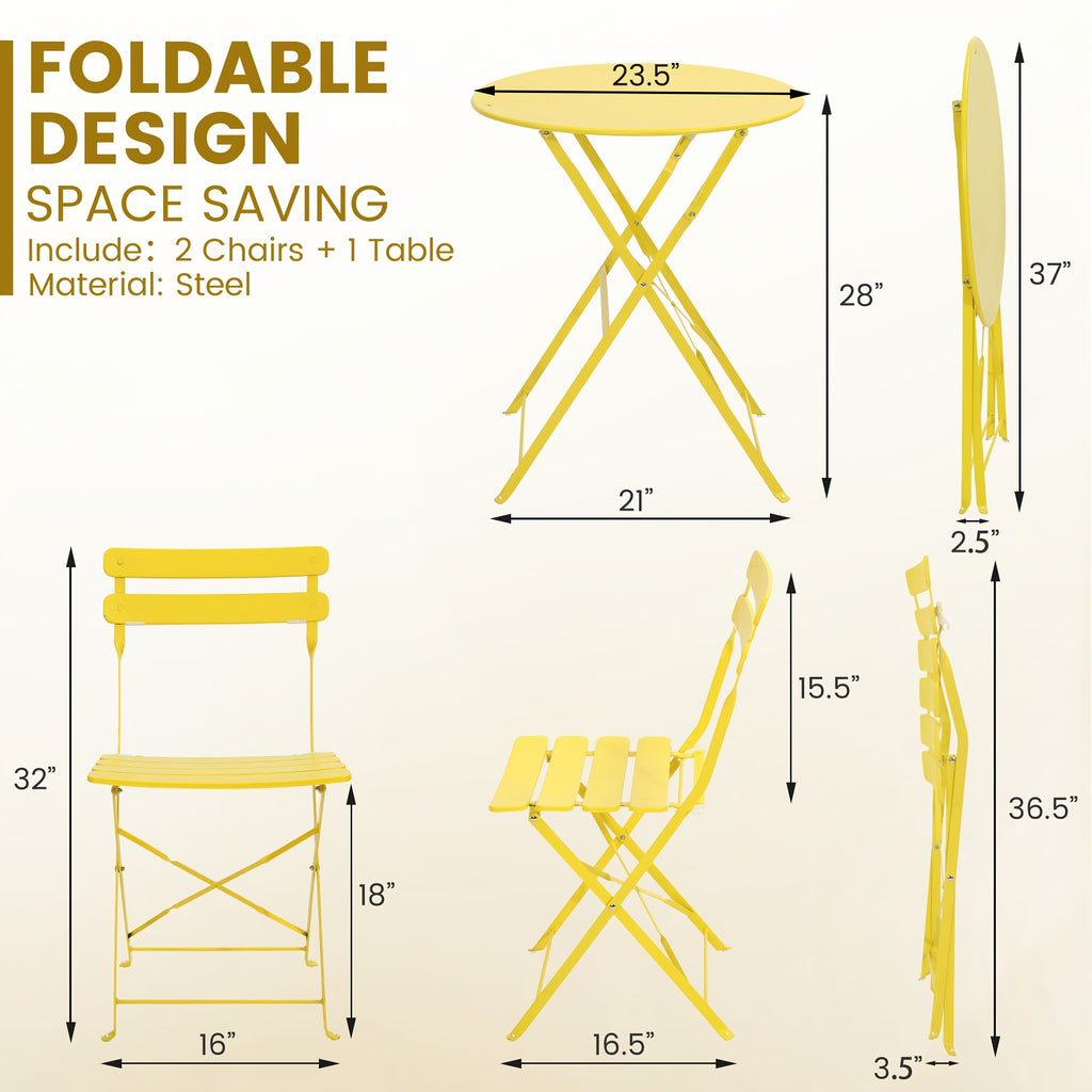 Outdoor 3pcs Folding Bistro Set, Includes 1 Table And 2 Folding Chairs, Powder Coated Metal, Portable Design for Small Spaces, Patio, Balcony, Garden, Poolside