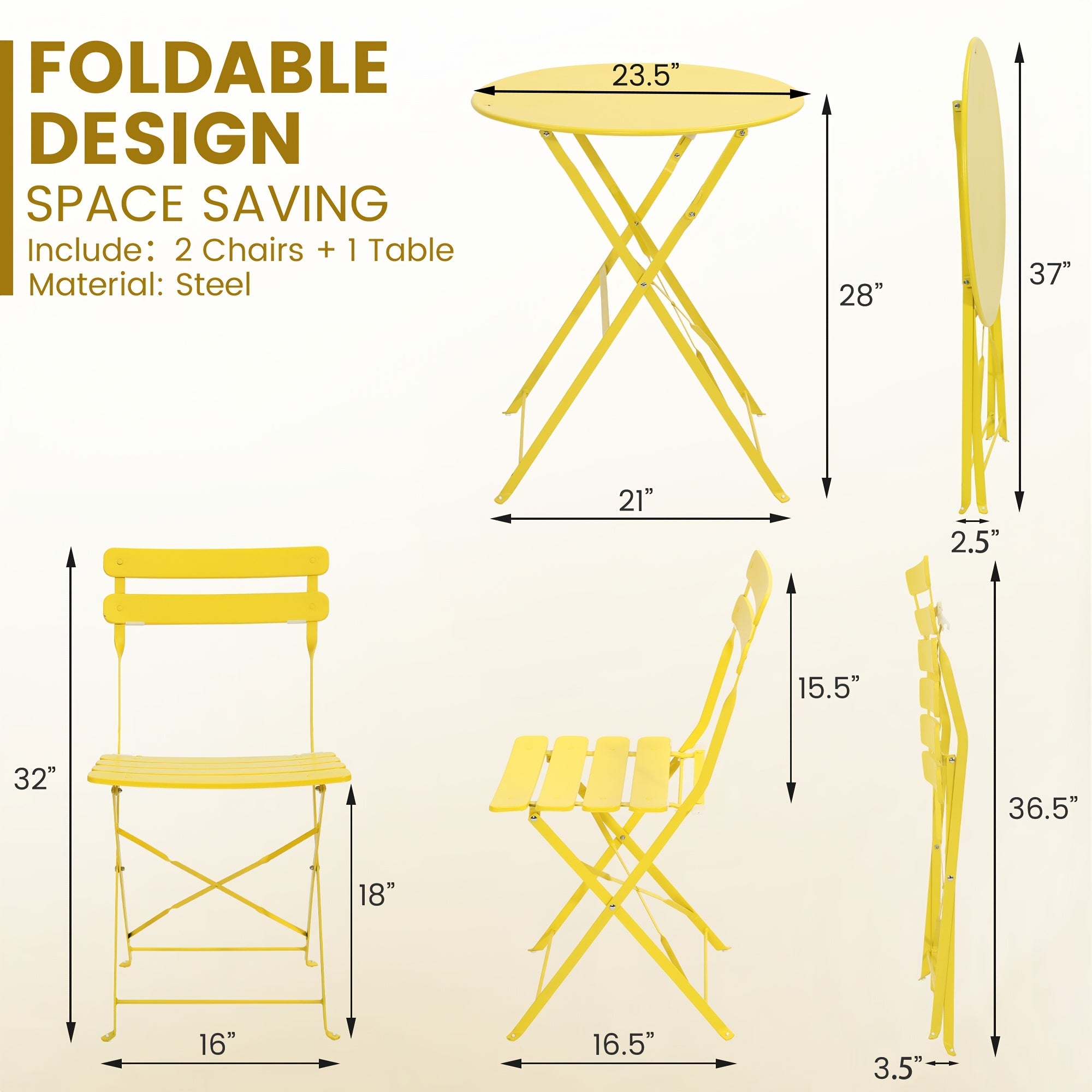 Outdoor 3pcs Folding Bistro Set, Includes 1 Table And 2 Folding Chairs, Powder Coated Metal, Portable Design for Small Spaces, Patio, Balcony, Garden, Poolside