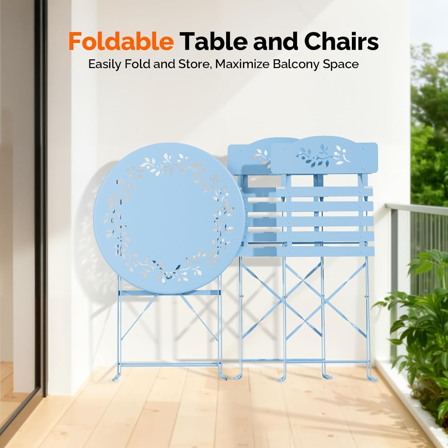 Outdoor Folding Bistro Set (3-Piece) - Patio Chair Olive Leaf Cutout Design, 2 Chairs 1 Table for Patio Balcony Garden Porch Yard, Space-Saving Foldable Outdoor Seating Set Pink\u002FGreen\u002FBlue\u002FBlack Multicolor
