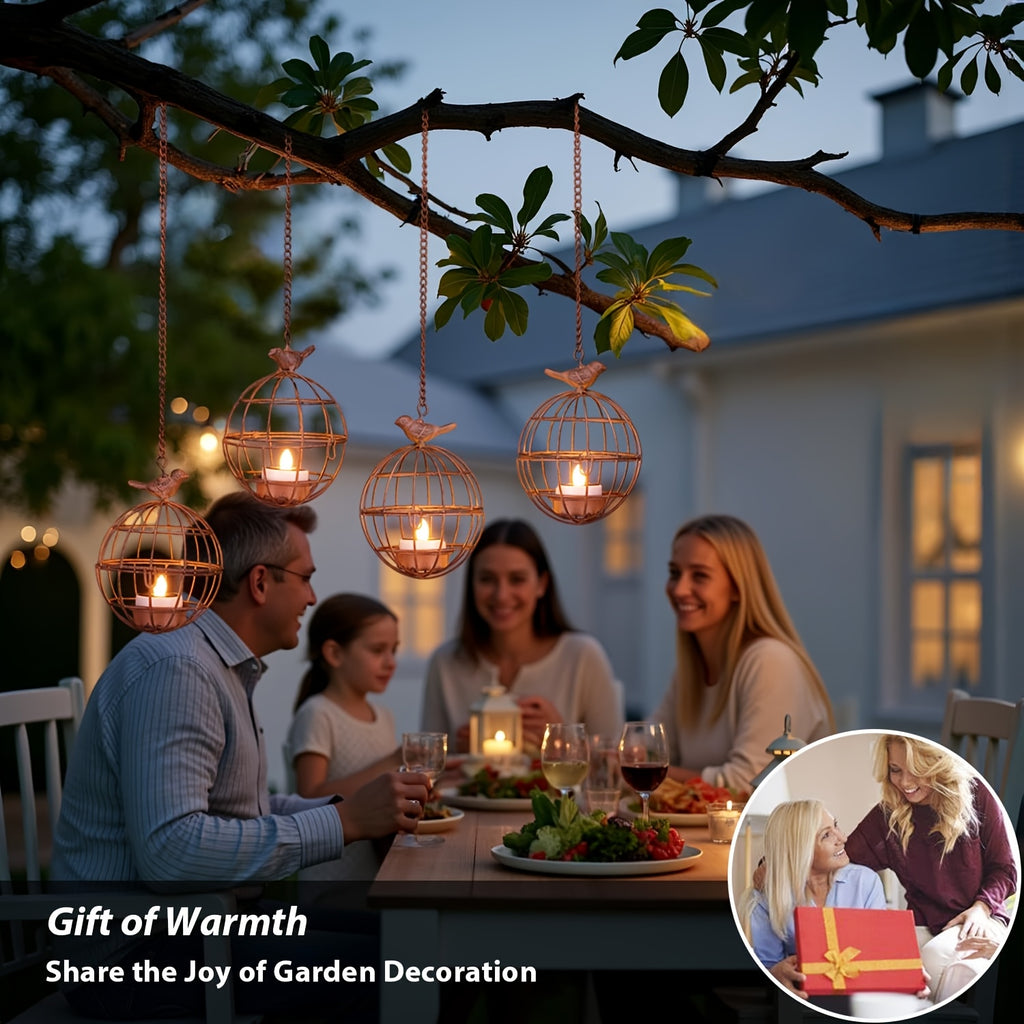 4pcs Set Outdoor Solar Hanging Lanterns, Rust-Colored Birdcage Style Iron Wire Ball Hanging Candle Holders with Solar Tea Lights, Suitable for Courtyards, Woods, and Trellis Decoration