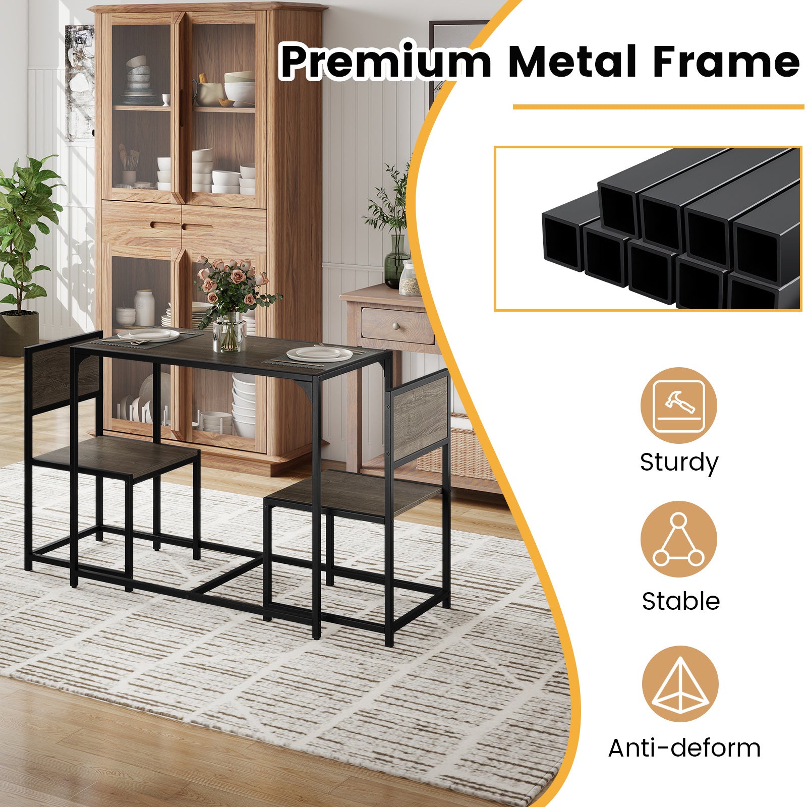 COSTWAY 3pcs Small Dining Table Set for 2 with 2 Chairs, Space-Saving Foldable-like Design (Table & Chairs Store Under It), Heavy-Duty Metal Frame & Wood Grain Surface, H-Shape Base, Compact Kitchen Table for Apartments, Home, Cafe