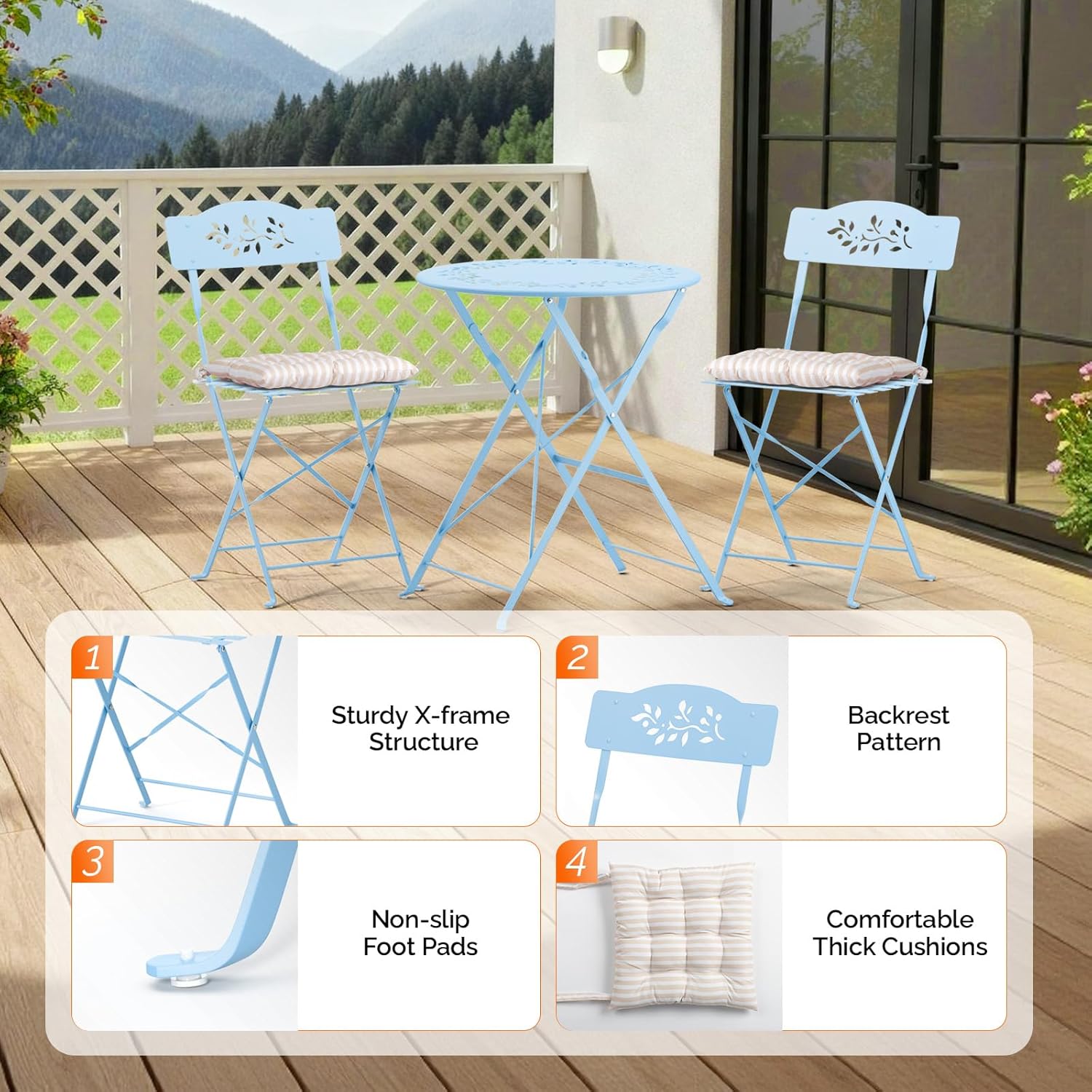 Outdoor Folding Bistro Set (3-Piece) - Patio Chair Olive Leaf Cutout Design, 2 Chairs 1 Table for Patio Balcony Garden Porch Yard, Space-Saving Foldable Outdoor Seating Set Pink\u002FGreen\u002FBlue\u002FBlack Multicolor