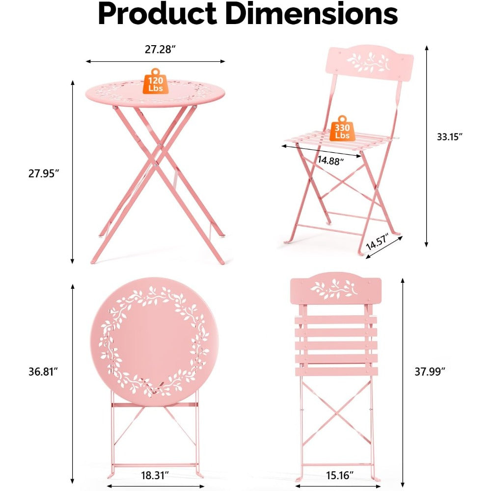 Outdoor Folding Bistro Set (3-Piece) - Patio Chair Olive Leaf Cutout Design, 2 Chairs 1 Table for Patio Balcony Garden Porch Yard, Space-Saving Foldable Outdoor Seating Set Pink\u002FGreen\u002FBlue\u002FBlack Multicolor