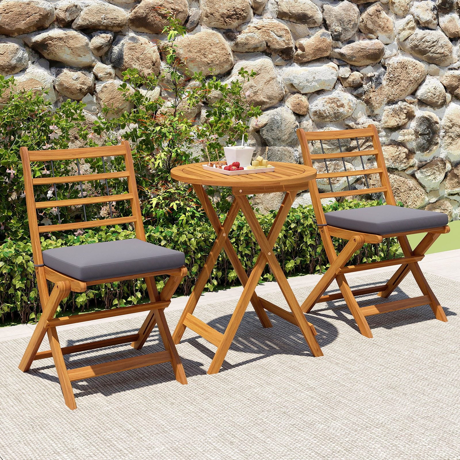 COSTWAY 3pcs Acacia Wood Patio Bistro Set Folding Table and Chairs Set with Cushions