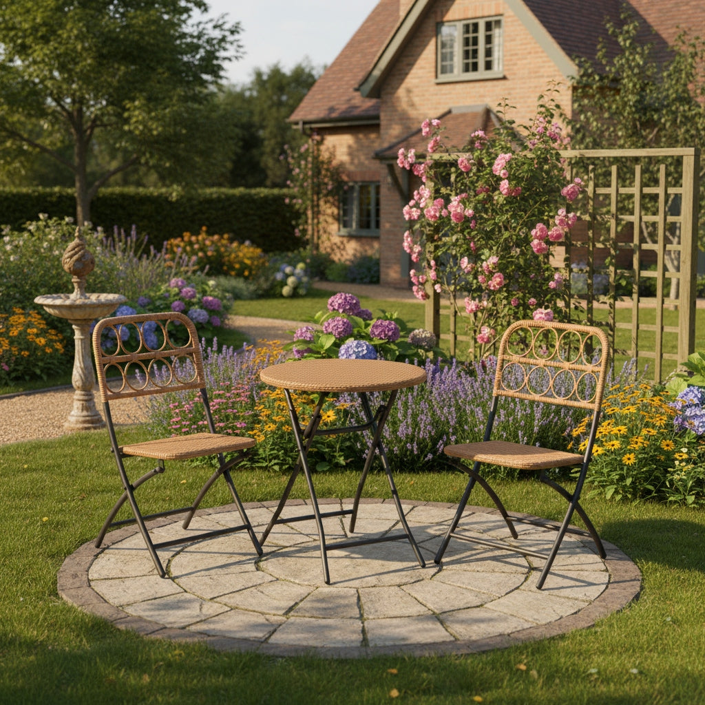 3pcs Folding Patio Bistro Set, Outdoor Round Table and Chairs with Hand-Woven Wicker Seat & Tabletop, Portable Metal Frame Dining Set for Balcony, Garden, Backyard