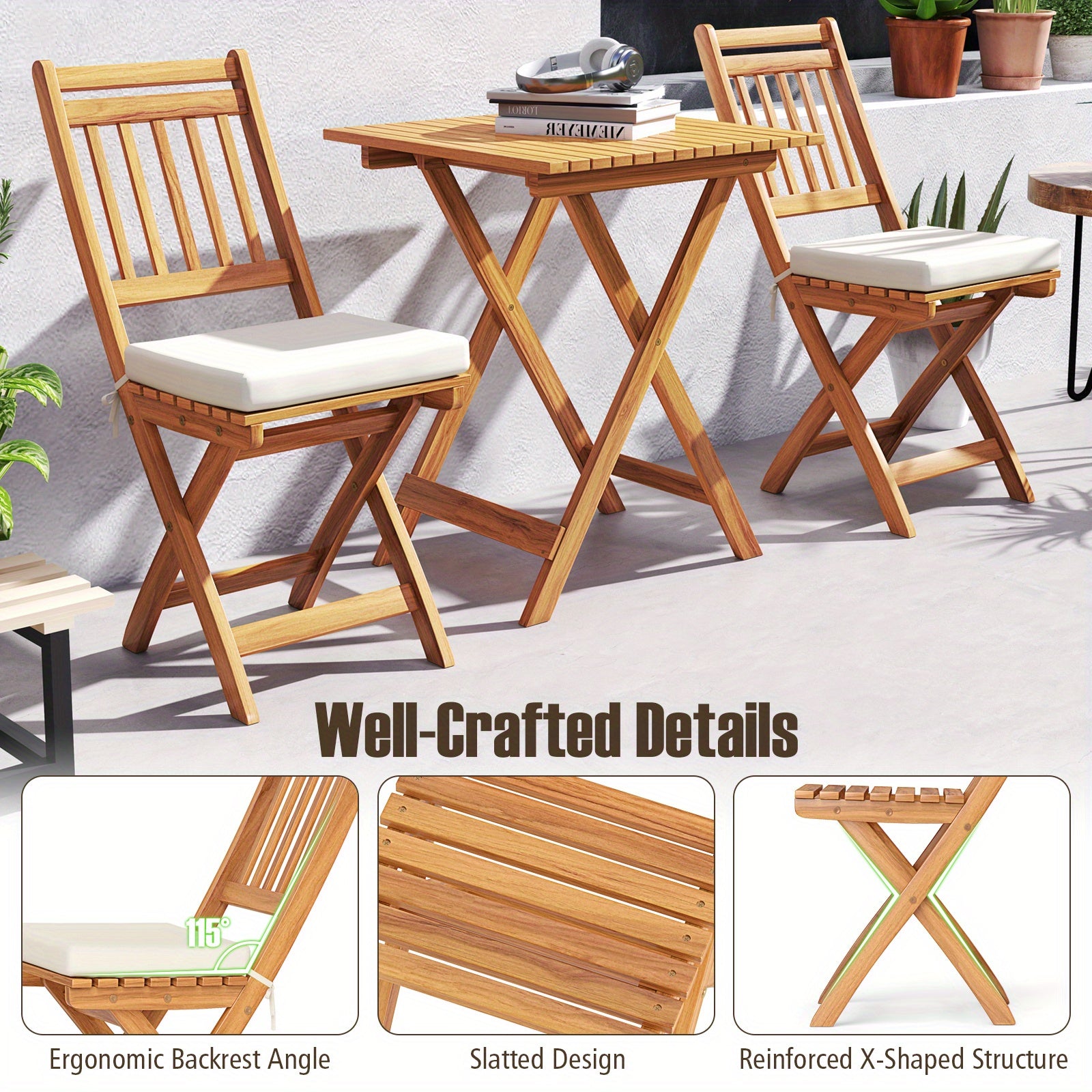 LIFEZEAL Acacia Wood Outdoor Folding Bistro Set with Cushions - High-Back Chairs & Table, Wood Patio Dining Furniture for Backyard, Poolside, Balcony (No Chair Assembly Required)