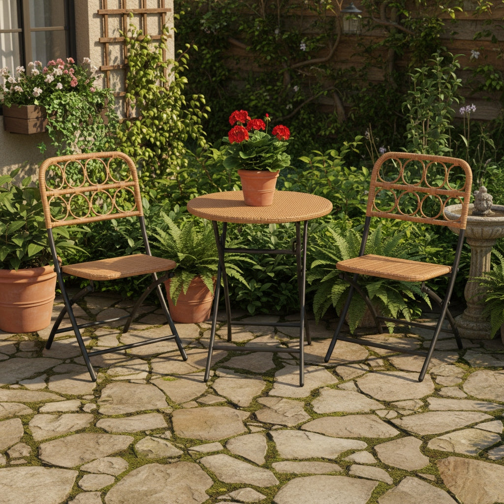 3pcs Folding Patio Bistro Set, Outdoor Round Table and Chairs with Hand-Woven Wicker Seat & Tabletop, Portable Metal Frame Dining Set for Balcony, Garden, Backyard