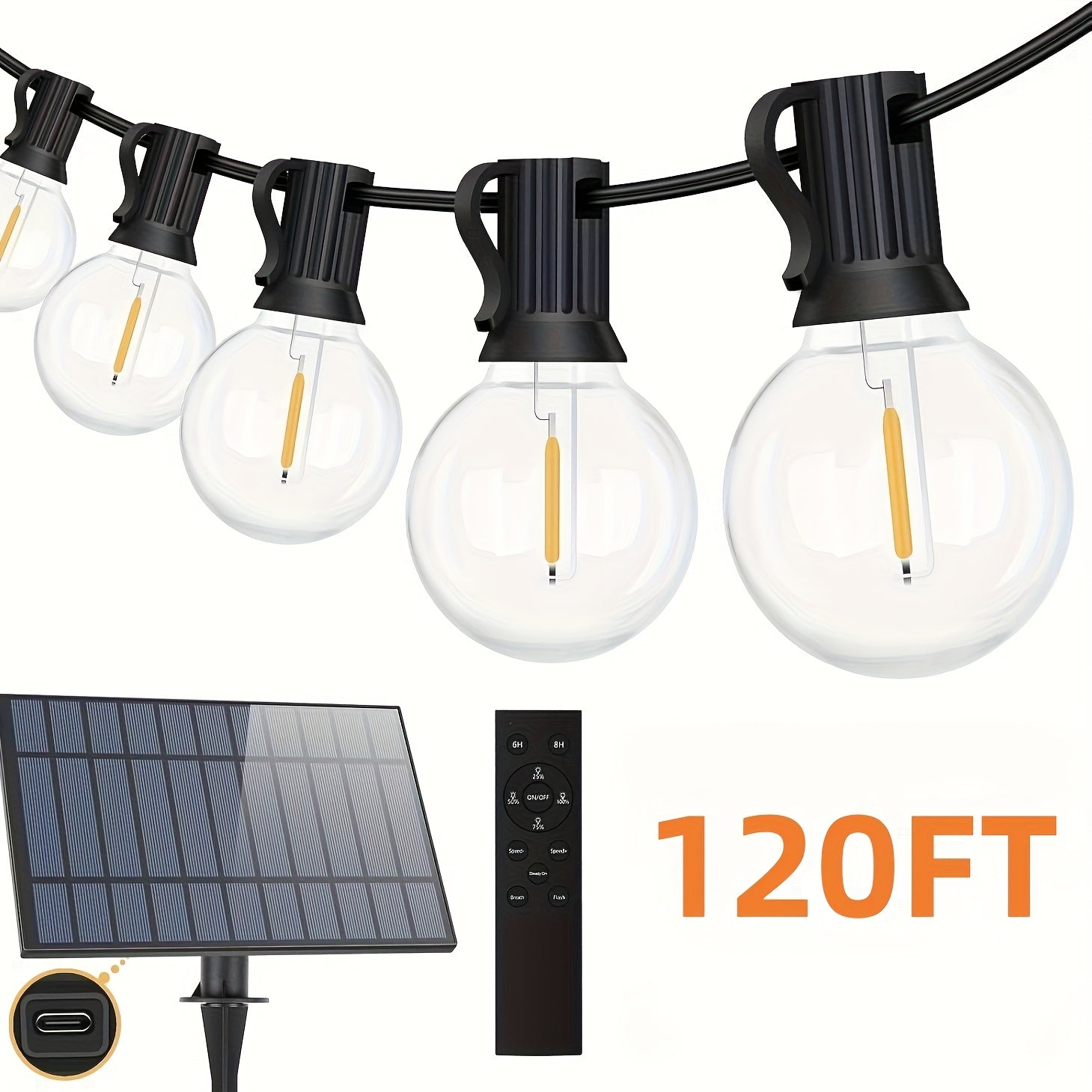 60FT\u002F120FT G40 ST38 Solar Powered Dimmable String Lights - Remote Controlled, Waterproof Patio Lights with LED Edison Bulbs for Outdoor Backyard Porch, Perfect for Patio, Backyard, Fence & Holiday Celebrations