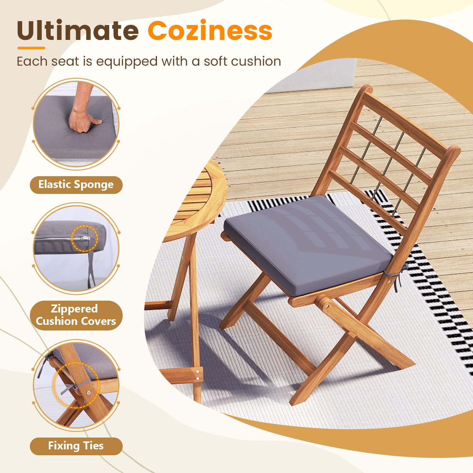 COSTWAY 3pcs Acacia Wood Patio Bistro Set Folding Table and Chairs Set with Cushions