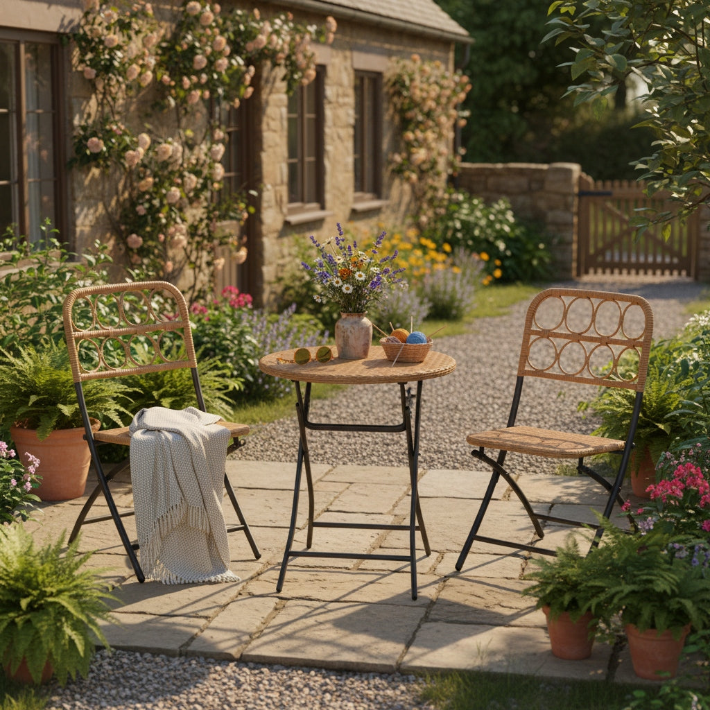 3pcs Folding Patio Bistro Set, Outdoor Round Table and Chairs with Hand-Woven Wicker Seat & Tabletop, Portable Metal Frame Dining Set for Balcony, Garden, Backyard