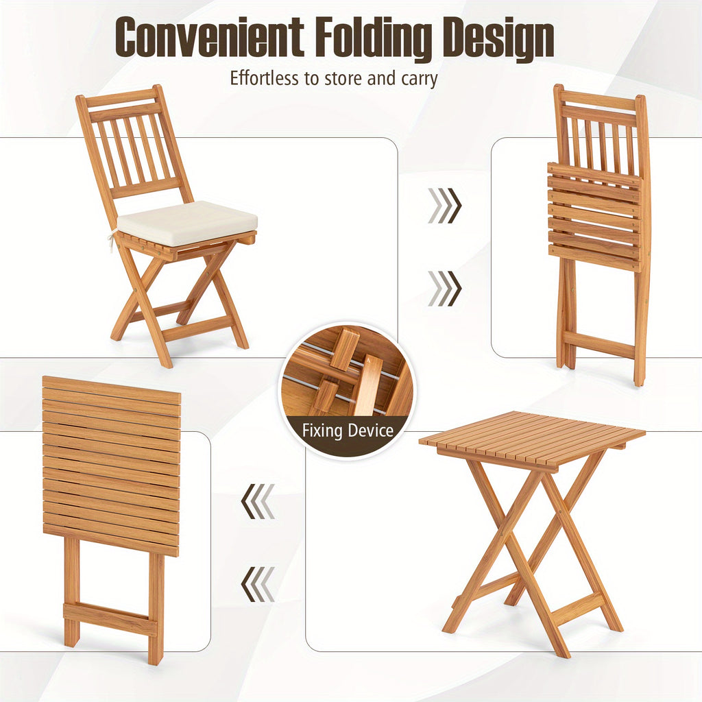 LIFEZEAL Acacia Wood Outdoor Folding Bistro Set with Cushions - High-Back Chairs & Table, Wood Patio Dining Furniture for Backyard, Poolside, Balcony (No Chair Assembly Required)