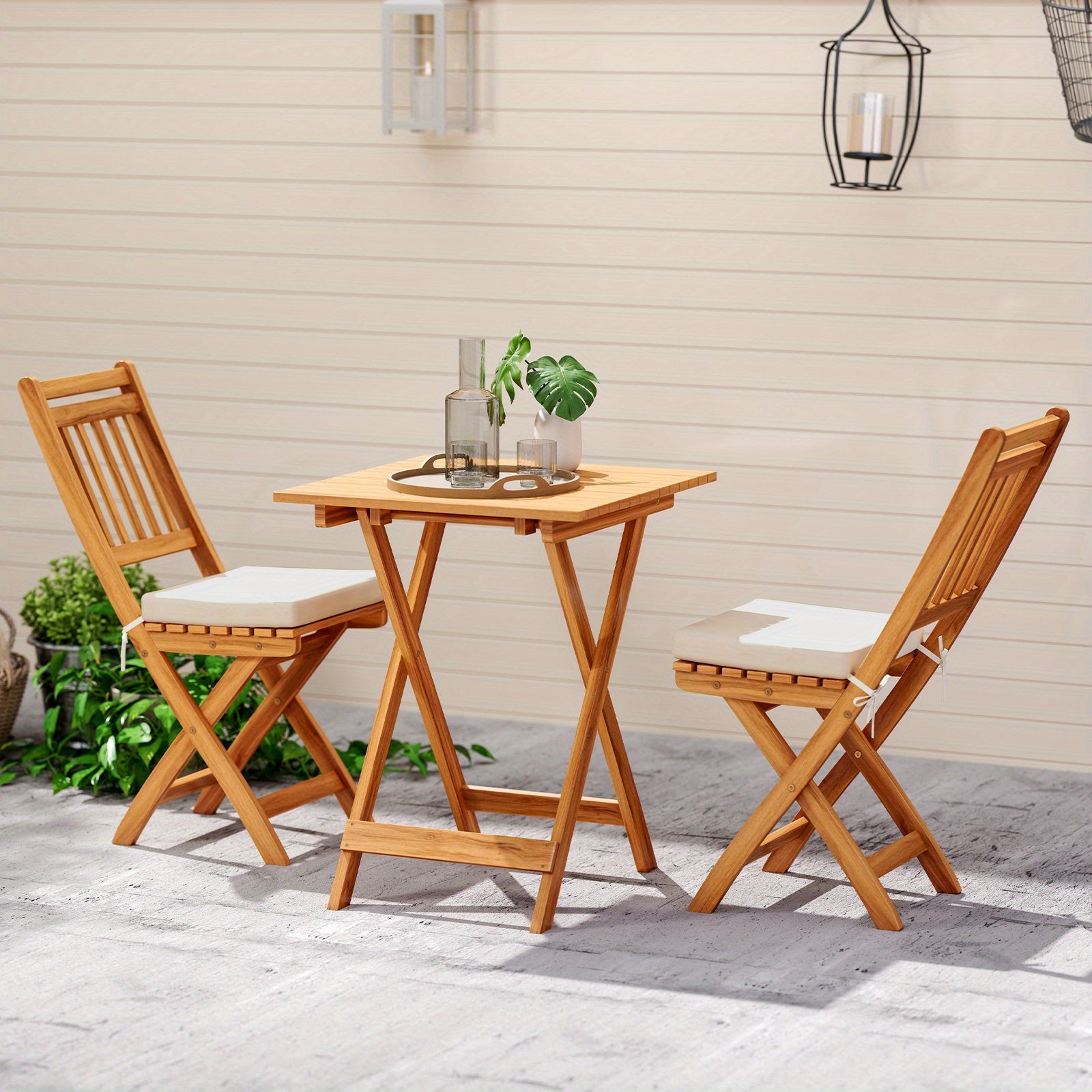LIFEZEAL Acacia Wood Outdoor Folding Bistro Set with Cushions - High-Back Chairs & Table, Wood Patio Dining Furniture for Backyard, Poolside, Balcony (No Chair Assembly Required)