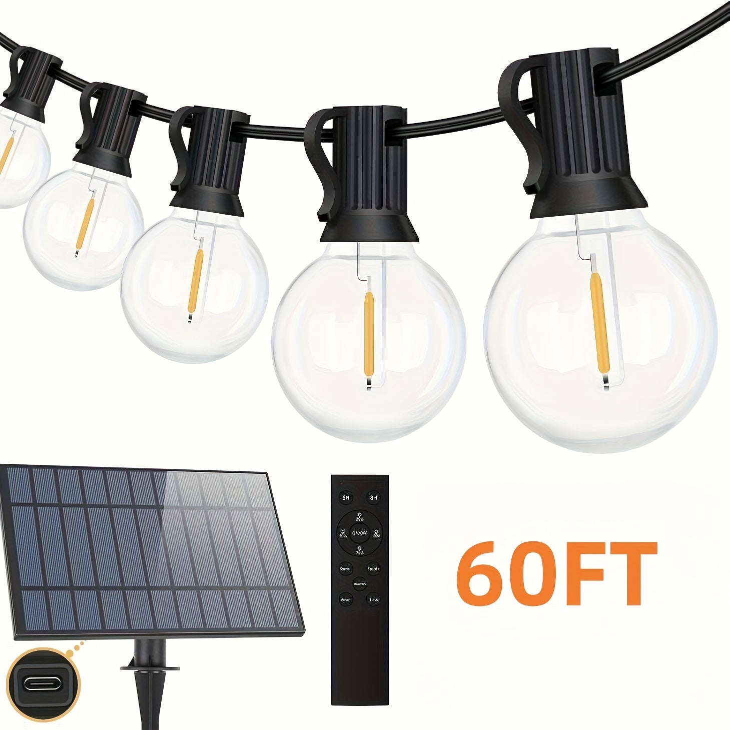 60FT\u002F120FT G40 ST38 Solar Powered Dimmable String Lights - Remote Controlled, Waterproof Patio Lights with LED Edison Bulbs for Outdoor Backyard Porch, Perfect for Patio, Backyard, Fence & Holiday Celebrations