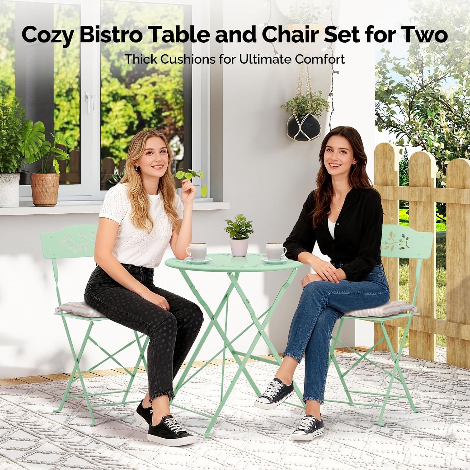 Outdoor Folding Bistro Set (3-Piece) - Patio Chair Olive Leaf Cutout Design, 2 Chairs 1 Table for Patio Balcony Garden Porch Yard, Space-Saving Foldable Outdoor Seating Set Pink\u002FGreen\u002FBlue\u002FBlack Multicolor