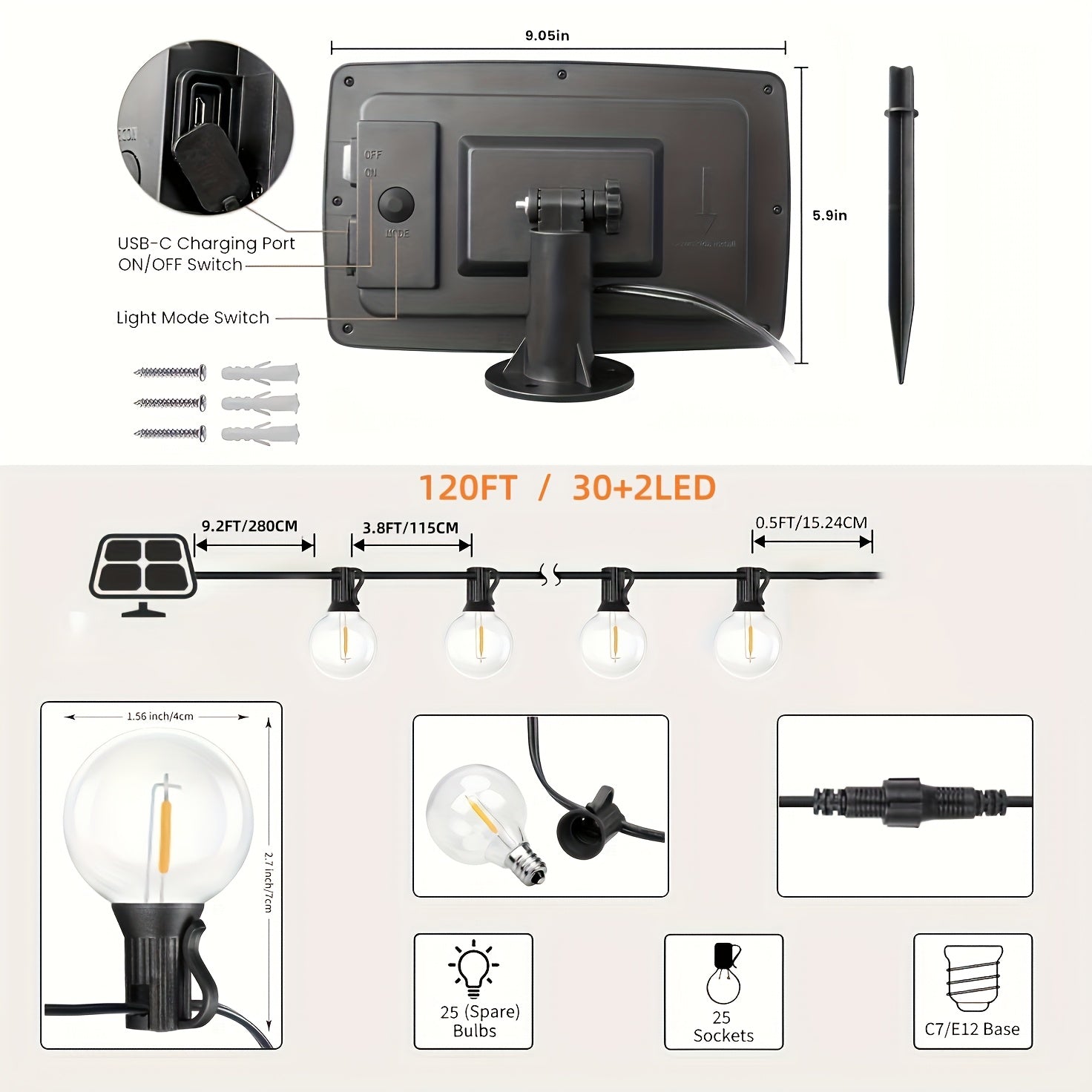 60FT\u002F120FT G40 ST38 Solar Powered Dimmable String Lights - Remote Controlled, Waterproof Patio Lights with LED Edison Bulbs for Outdoor Backyard Porch, Perfect for Patio, Backyard, Fence & Holiday Celebrations