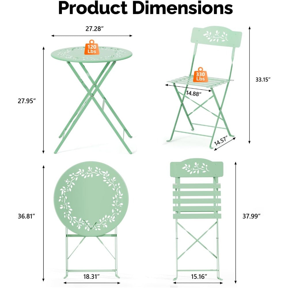 Outdoor Folding Bistro Set (3-Piece) - Patio Chair Olive Leaf Cutout Design, 2 Chairs 1 Table for Patio Balcony Garden Porch Yard, Space-Saving Foldable Outdoor Seating Set Pink\u002FGreen\u002FBlue\u002FBlack Multicolor