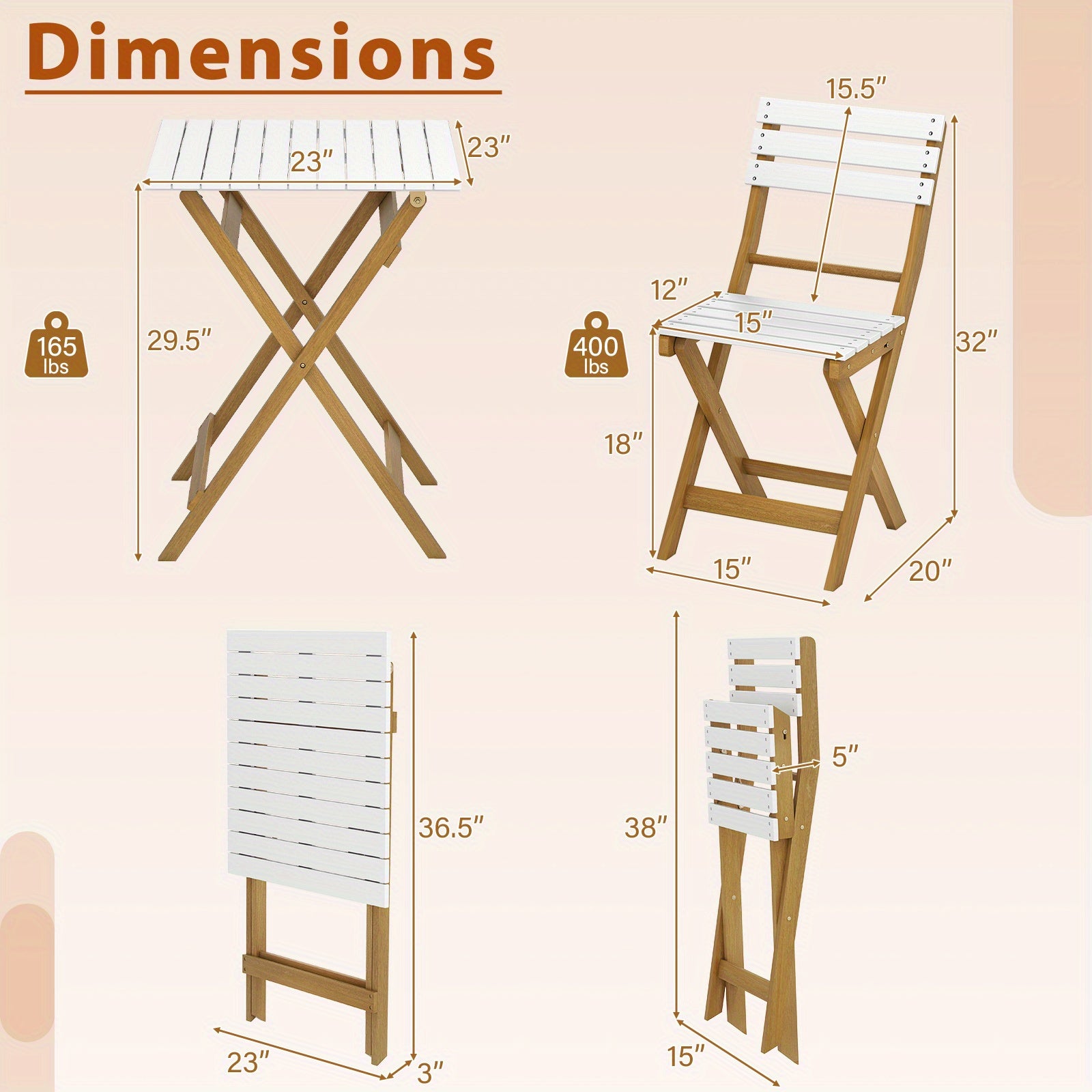 COSTWAY 3pcs Folding Patio Bistro Set, Outdoor Furniture Set with Foldable Space-Saving Design, Acacia Wood Porch Chairs and Square Table for Garden, Backyard and Poolside