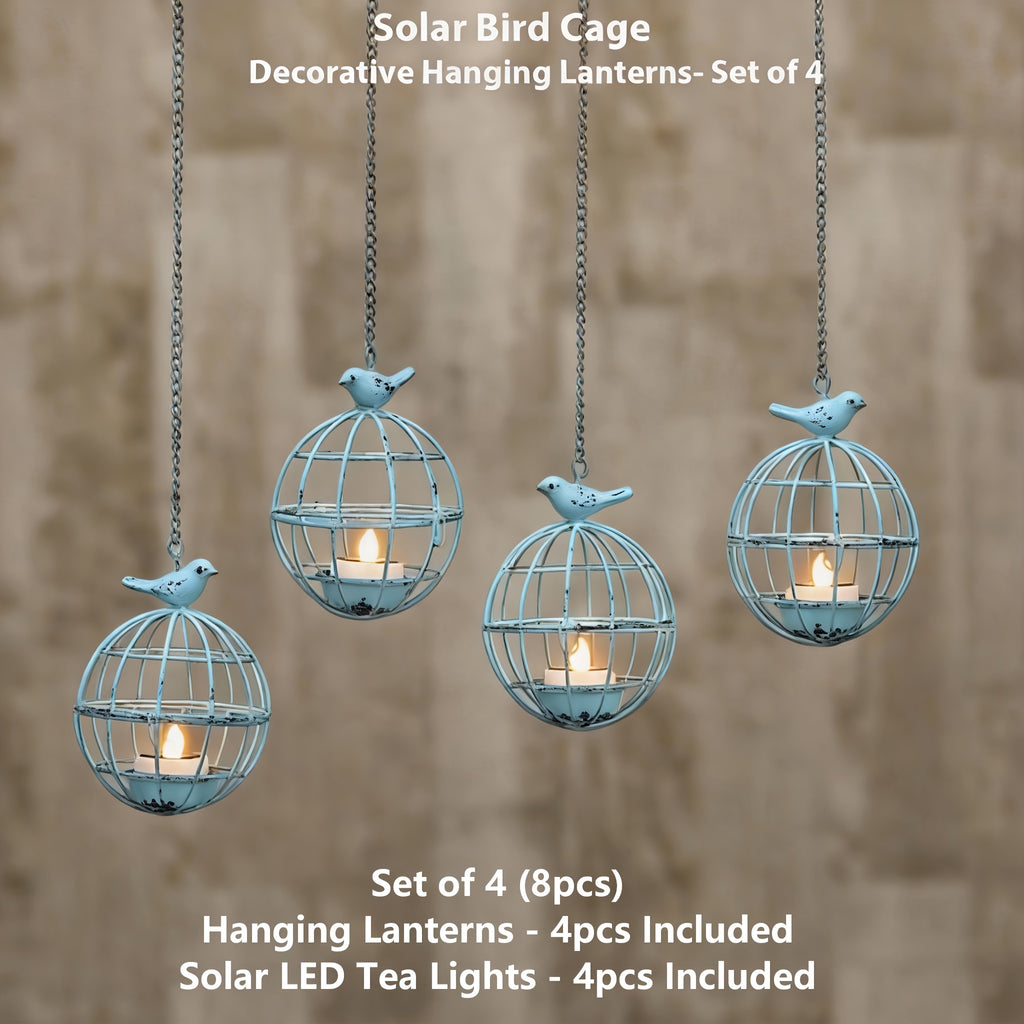4pcs Set Outdoor Solar Hanging Lanterns, Rust-Colored Birdcage Style Iron Wire Ball Hanging Candle Holders with Solar Tea Lights, Suitable for Courtyards, Woods, and Trellis Decoration